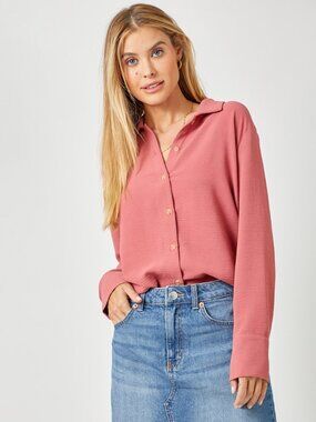 MYSTREE Dusty Rose Textured Button Front Collared Blouse Top Long Sleeve Relaxed